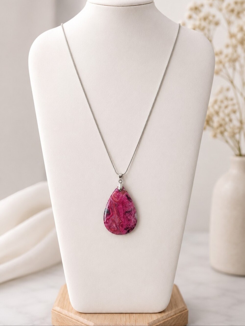 Pink Crazy Lace Agate Teardrop Pendant Necklace